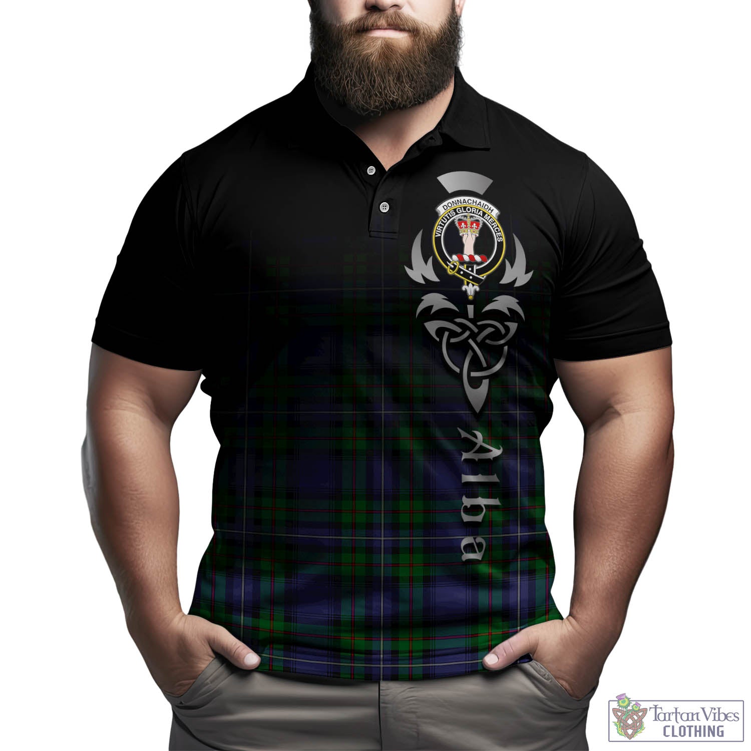 Tartan Vibes Clothing Donnachaidh Tartan Polo Shirt Featuring Alba Gu Brath Family Crest Celtic Inspired