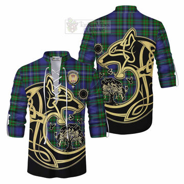 Donnachaidh Tartan Ghillie Kilt Shirt with Family Crest Celtic Wolf Style