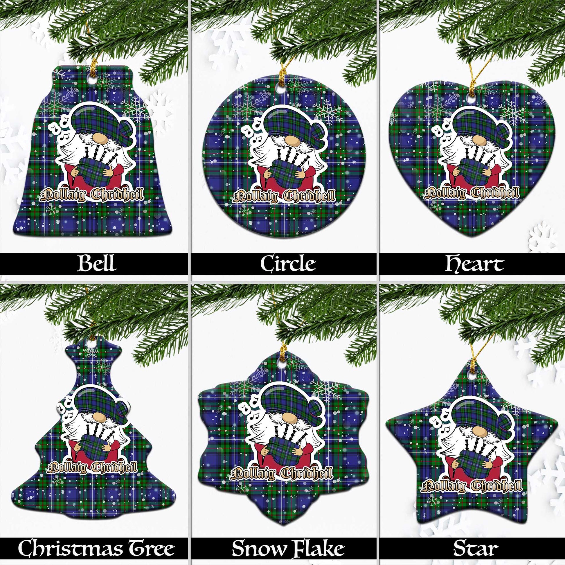 Donnachaidh Tartan Christmas Ornaments with Scottish Gnome Playing Bagpipes Ceramic - Tartanvibesclothing