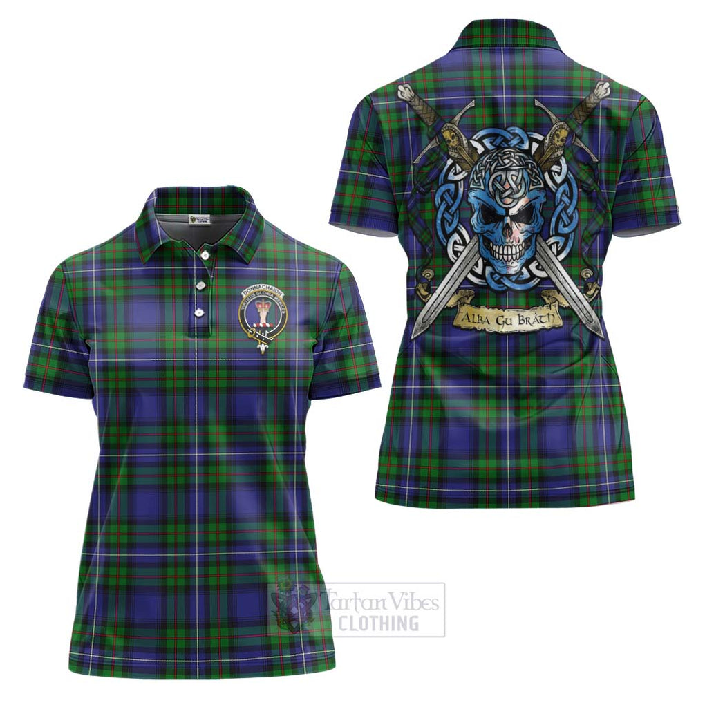 Tartan Vibes Clothing Donnachaidh Tartan Women's Polo Shirt with Family Crest Celtic Skull Style