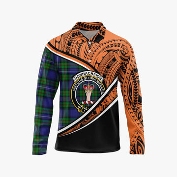 Donnachaidh Crest Tartan Long Sleeve Polo Shirt with Polynesian Vibes Style - Orange Version