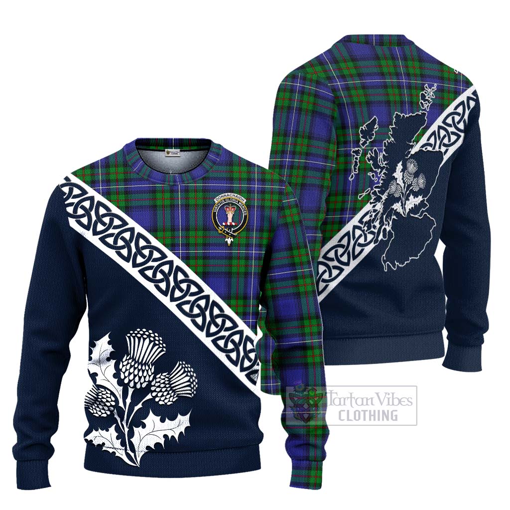 Tartan Vibes Clothing Donnachaidh Tartan Knitted Sweater Featuring Thistle and Scotland Map