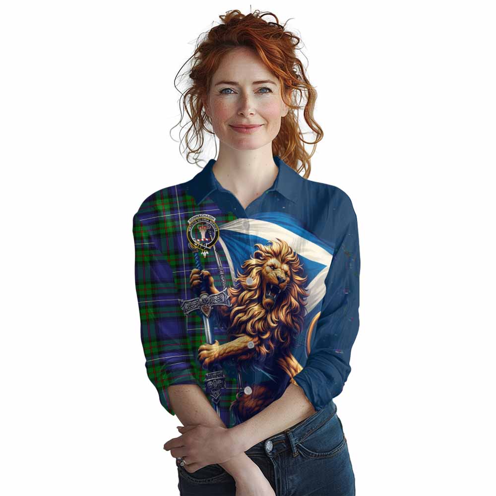 Tartan Vibes Clothing Donnachaidh Tartan Family Crest Women's Casual Shirt with Scottish Majestic Lion