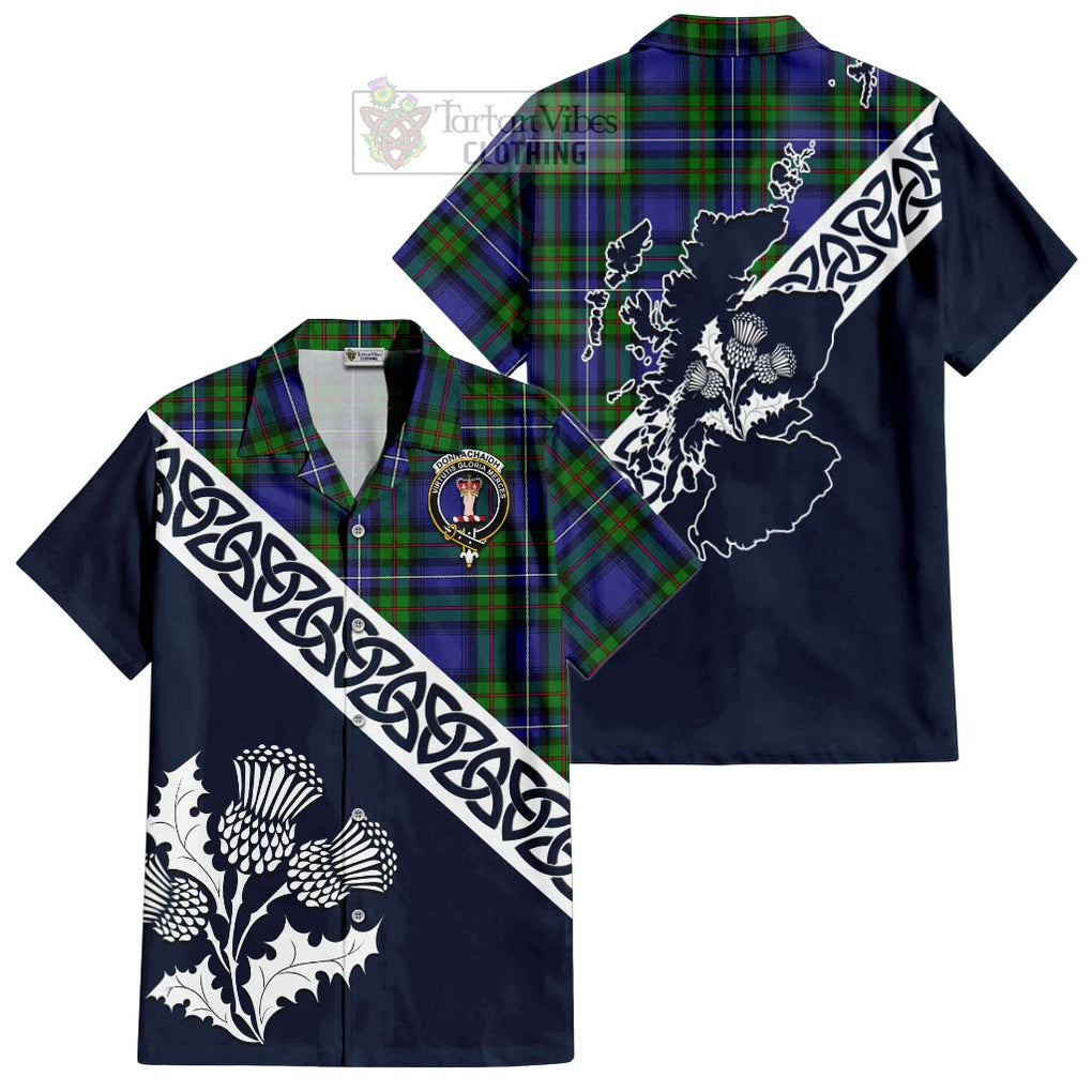 Tartan Vibes Clothing Donnachaidh Tartan Short Sleeve Button Shirt Featuring Thistle and Scotland Map