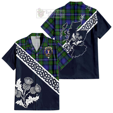 Donnachaidh Tartan Short Sleeve Button Shirt Featuring Thistle and Scotland Map