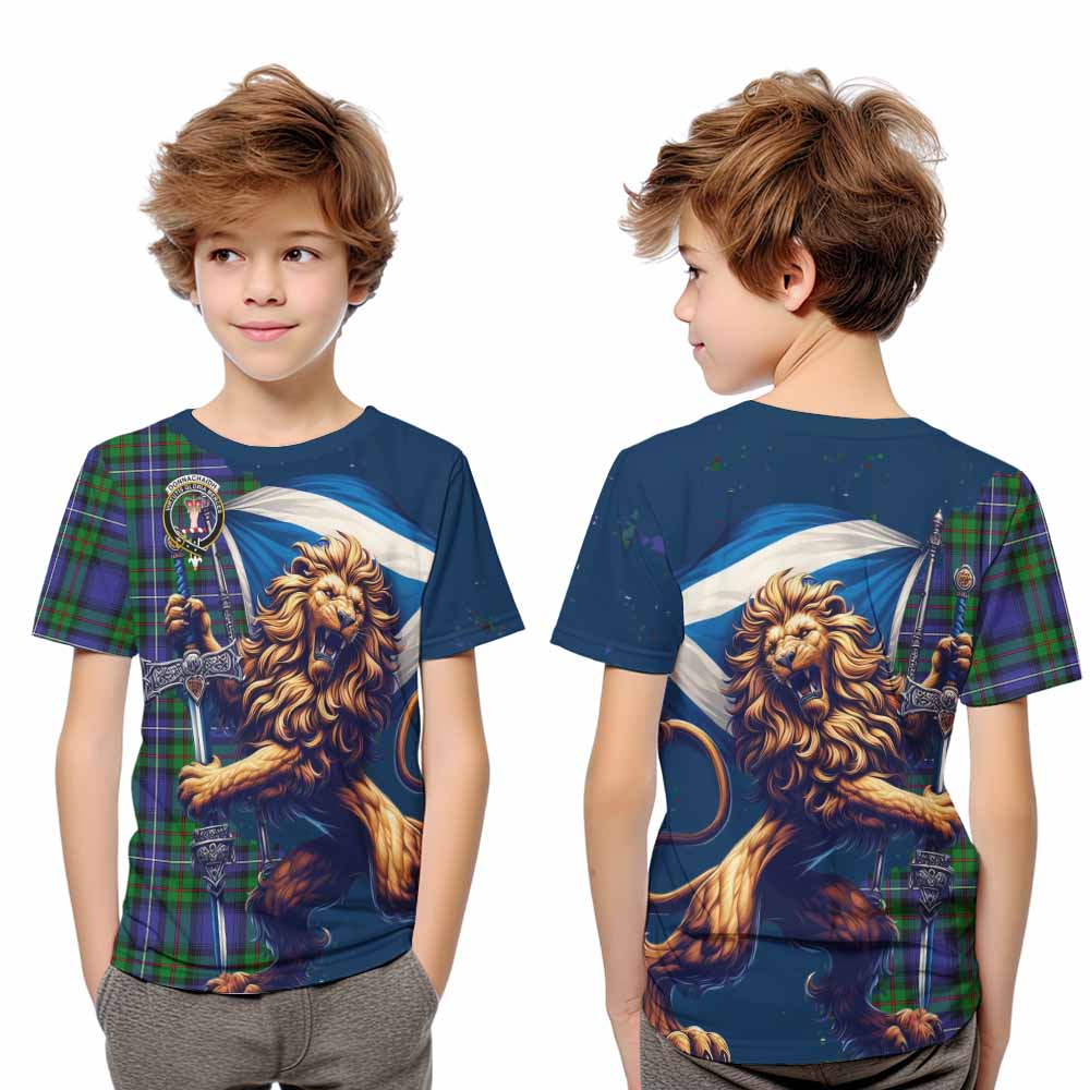 Tartan Vibes Clothing Donnachaidh Tartan Family Crest Kid T-Shirt with Scottish Majestic Lion