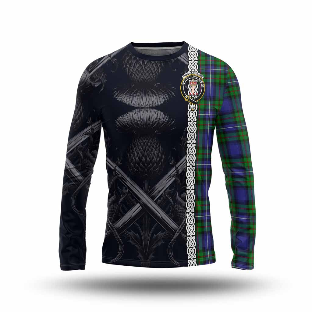 Tartan Vibes Clothing Donnachaidh Tartan Long Sleeve T-Shirt with Family Crest Cross Sword Thistle Celtic Vibes