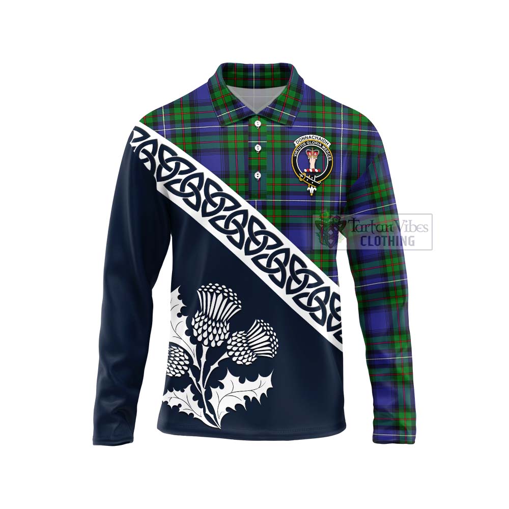 Tartan Vibes Clothing Donnachaidh Tartan Long Sleeve Polo Shirt Featuring Thistle and Scotland Map