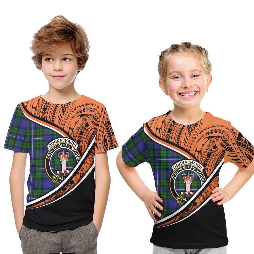 Tartan Vibes Clothing Donnachaidh Crest Tartan Kid T-Shirt with Maori Tattoo Style - Orange Version