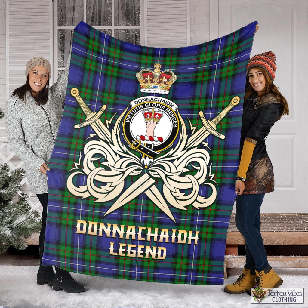 Tartan Vibes Clothing Donnachaidh Tartan Blanket with Clan Crest and the Golden Sword of Courageous Legacy