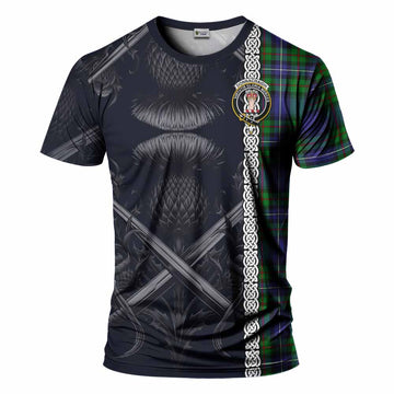 Donnachaidh Tartan T-Shirt with Family Crest Cross Sword Thistle Celtic Vibes