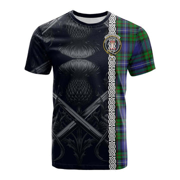 Donnachaidh Tartan Cotton T-shirt with Family Crest Cross Sword Thistle Celtic Vibes