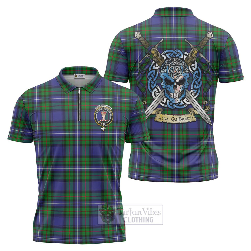 Tartan Vibes Clothing Donnachaidh Tartan Zipper Polo Shirt with Family Crest Celtic Skull Style