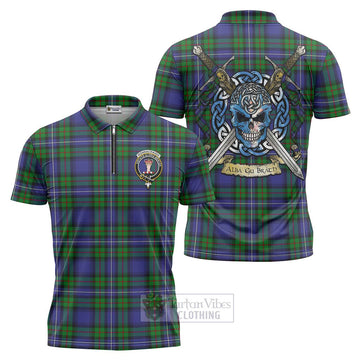 Donnachaidh Tartan Zipper Polo Shirt with Family Crest Celtic Skull Style