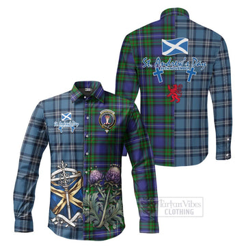 Donnachaidh Tartan Long Sleeve Button Shirt Happy St. Andrew's Day Half Tartan Style