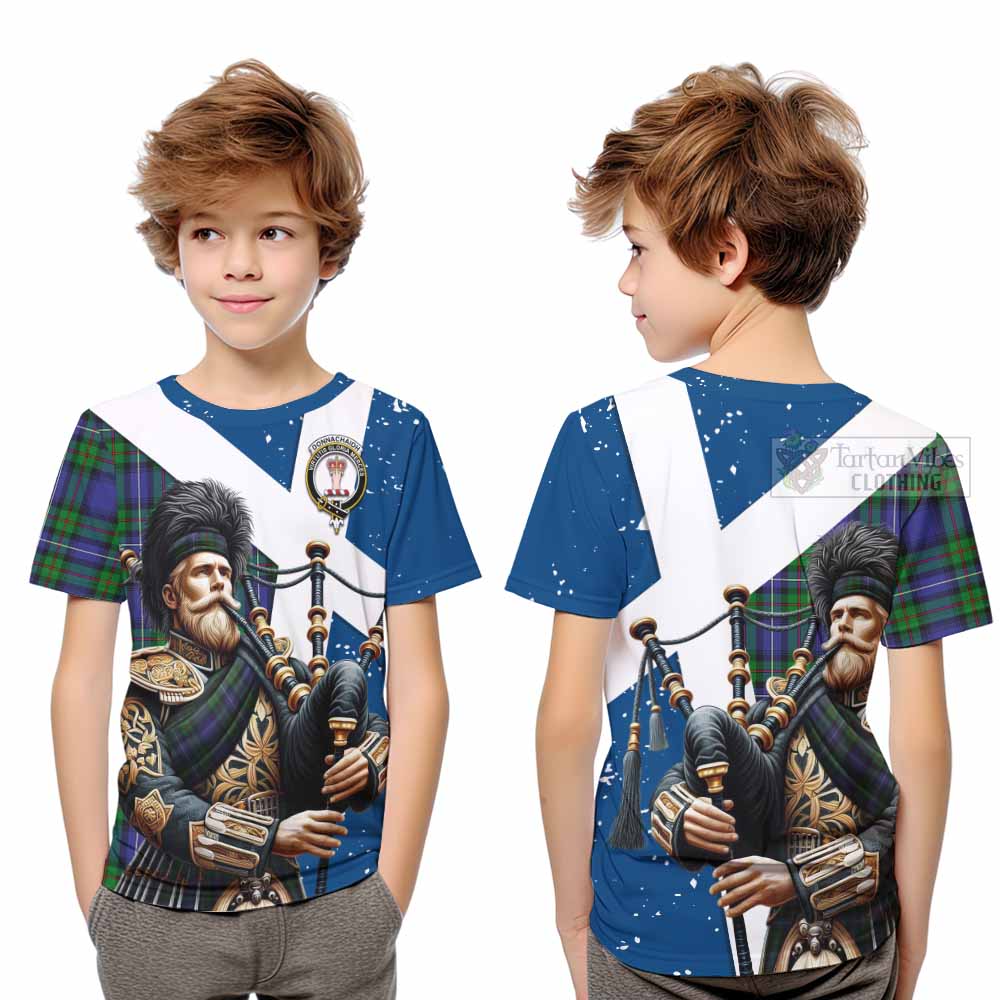 Tartan Vibes Clothing Donnachaidh Tartan Kid T-Shirt with Family Crest Scottish Bagpiper Vibes