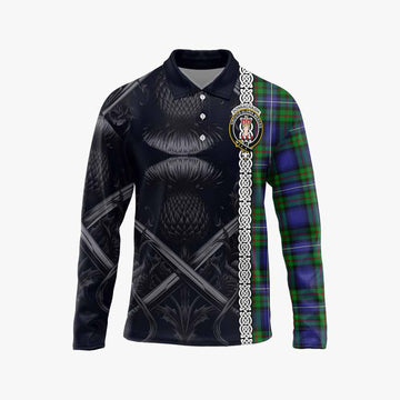 Donnachaidh Tartan Long Sleeve Polo Shirt with Family Crest Cross Sword Thistle Celtic Vibes