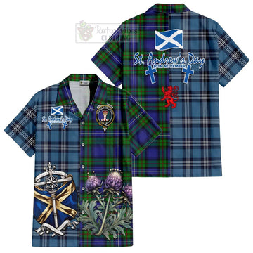 Donnachaidh Tartan Short Sleeve Button Shirt Happy St. Andrew's Day Half Tartan Style