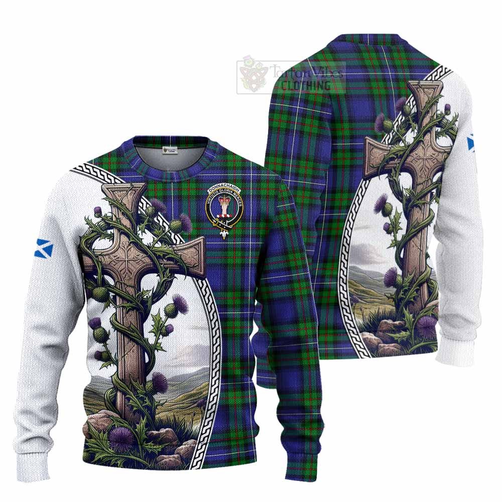 Tartan Vibes Clothing Donnachaidh Tartan Knitted Sweater with Family Crest and St. Andrew's Cross Accented by Thistle Vines