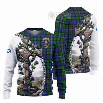 Donnachaidh Tartan Knitted Sweater with Family Crest and St. Andrew's Cross Accented by Thistle Vines