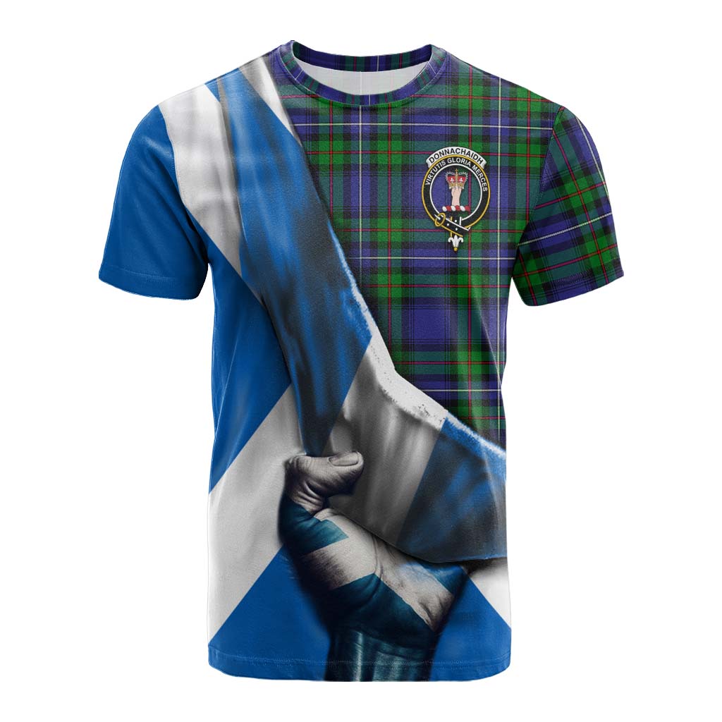 Tartan Vibes Clothing Donnachaidh Tartan Cotton T-shirt with Family Crest Scotland Patriotic Style