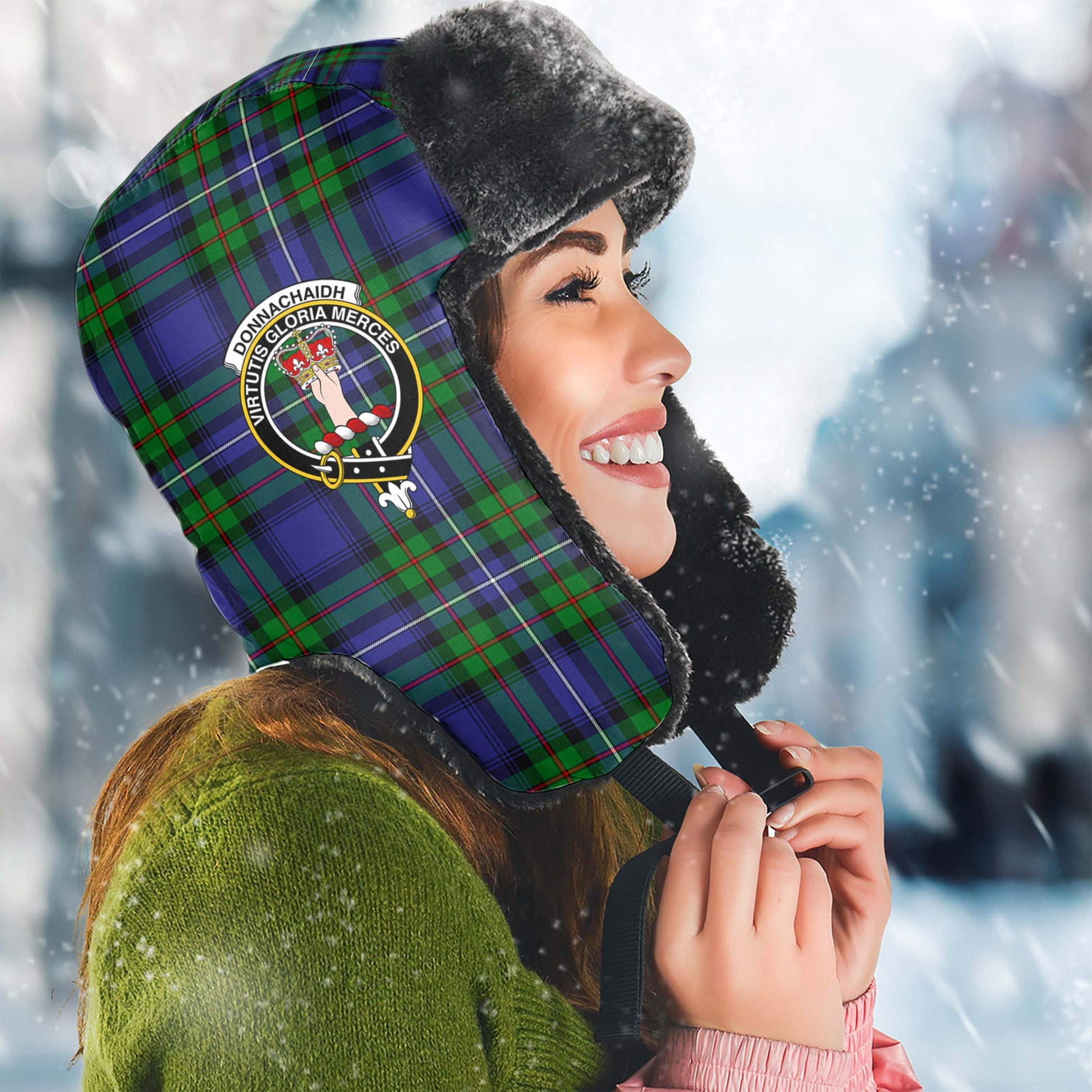 Donnachaidh Tartan Winter Trapper Hat with Family Crest Winter Trapper Hat Universal Fit Circumference 22.8in (58cm) - Tartanvibesclothing