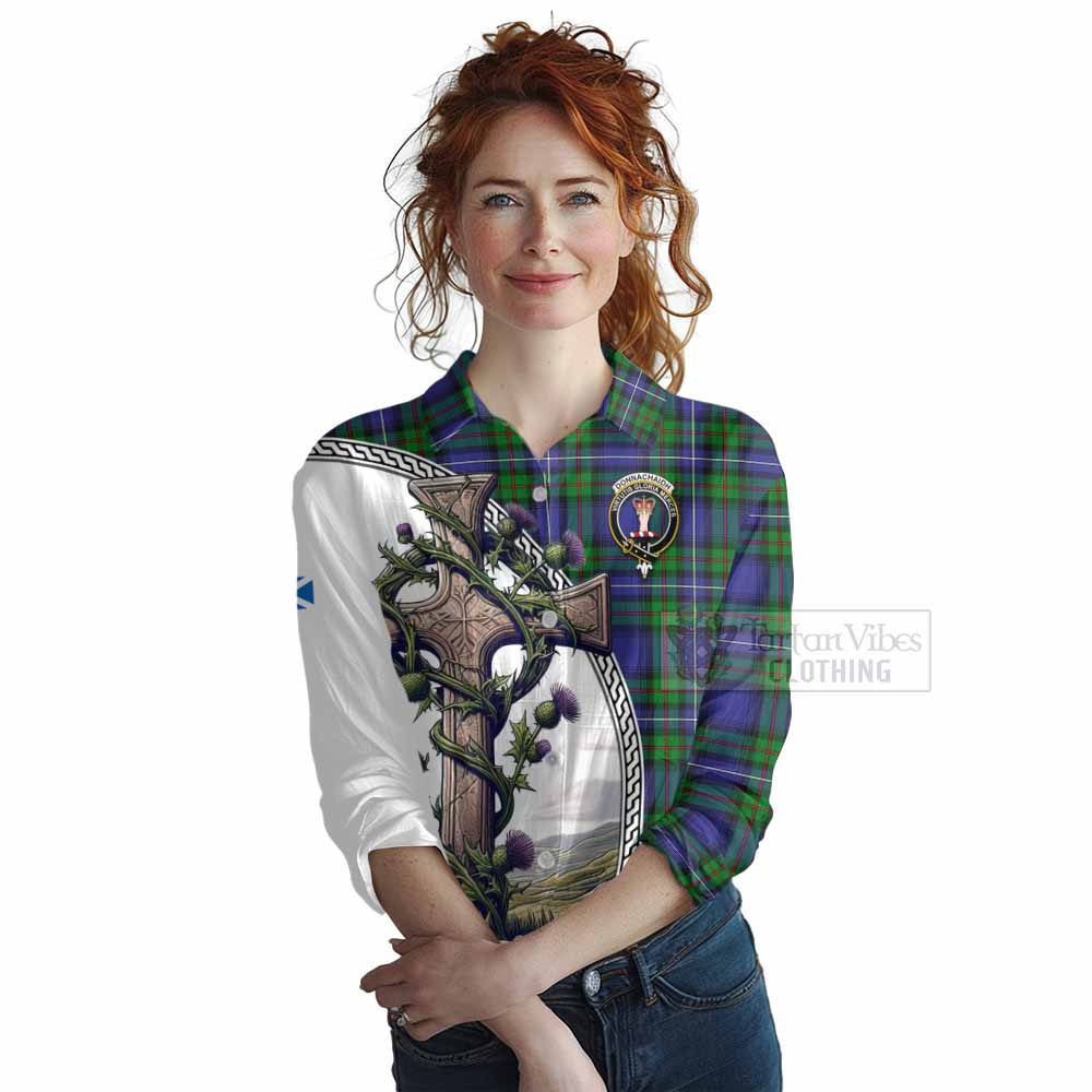 Tartan Vibes Clothing Donnachaidh Tartan Women's Casual Shirt with Family Crest and St. Andrew's Cross Accented by Thistle Vines