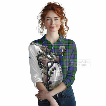 Donnachaidh Tartan Women's Casual Shirt with Family Crest and St. Andrew's Cross Accented by Thistle Vines