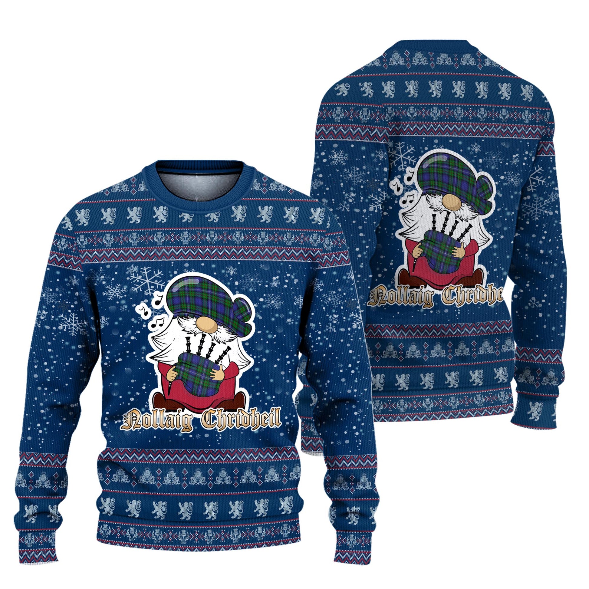 Donnachaidh Clan Christmas Family Knitted Sweater with Funny Gnome Playing Bagpipes Unisex Blue - Tartanvibesclothing
