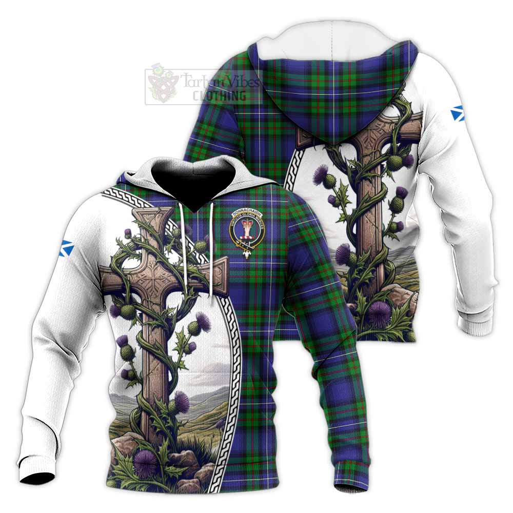 Tartan Vibes Clothing Donnachaidh Tartan Knitted Hoodie with Family Crest and St. Andrew's Cross Accented by Thistle Vines