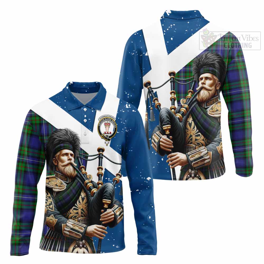 Tartan Vibes Clothing Donnachaidh Tartan Long Sleeve Polo Shirt with Family Crest Scottish Bagpiper Vibes