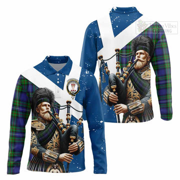 Donnachaidh Tartan Long Sleeve Polo Shirt with Family Crest Scottish Bagpiper Vibes