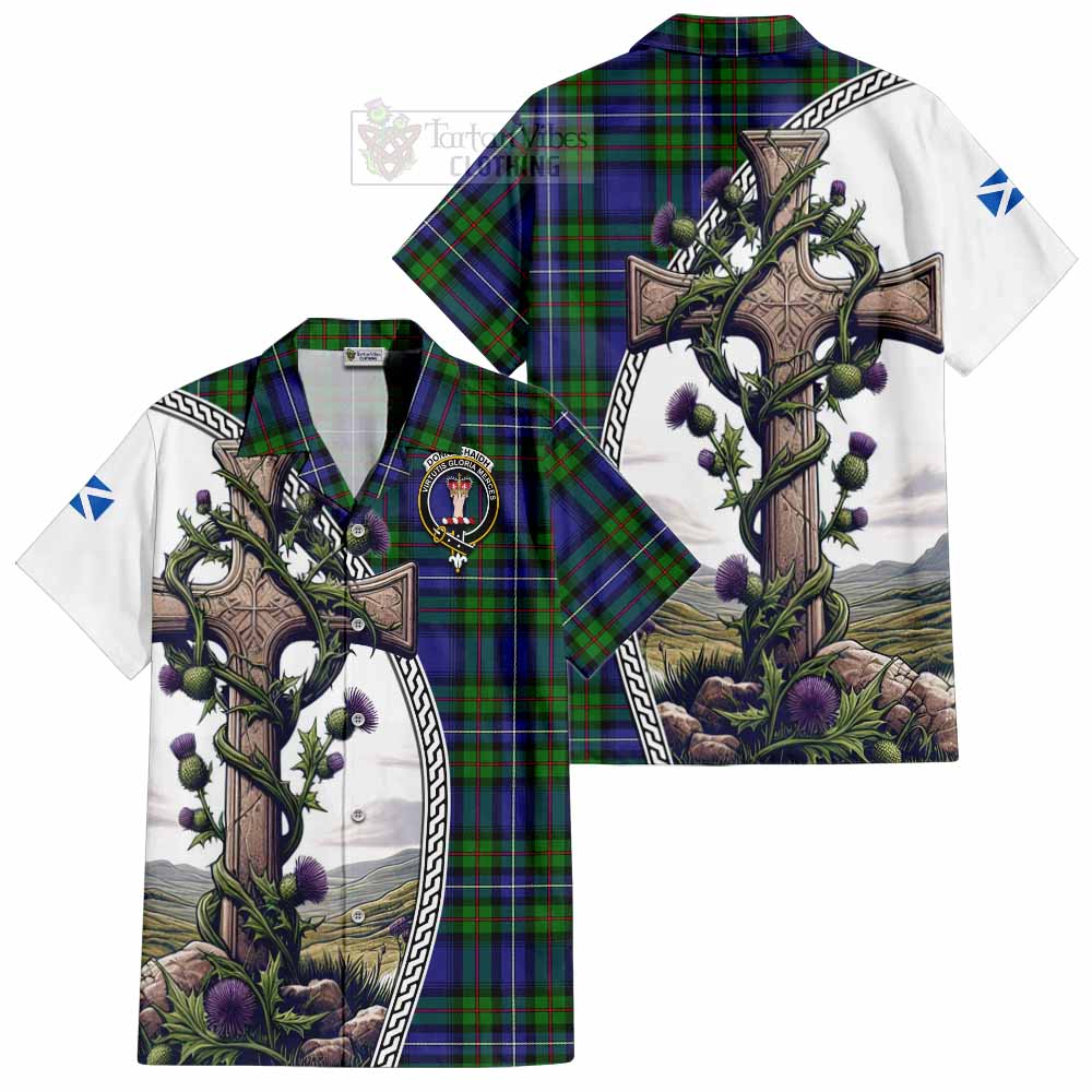 Tartan Vibes Clothing Donnachaidh Tartan Short Sleeve Button Shirt with Family Crest and St. Andrew's Cross Accented by Thistle Vines