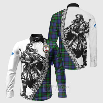 Donnachaidh Tartan Clan Crest Long Sleeve Button Shirt with Highlander Warrior Celtic Style