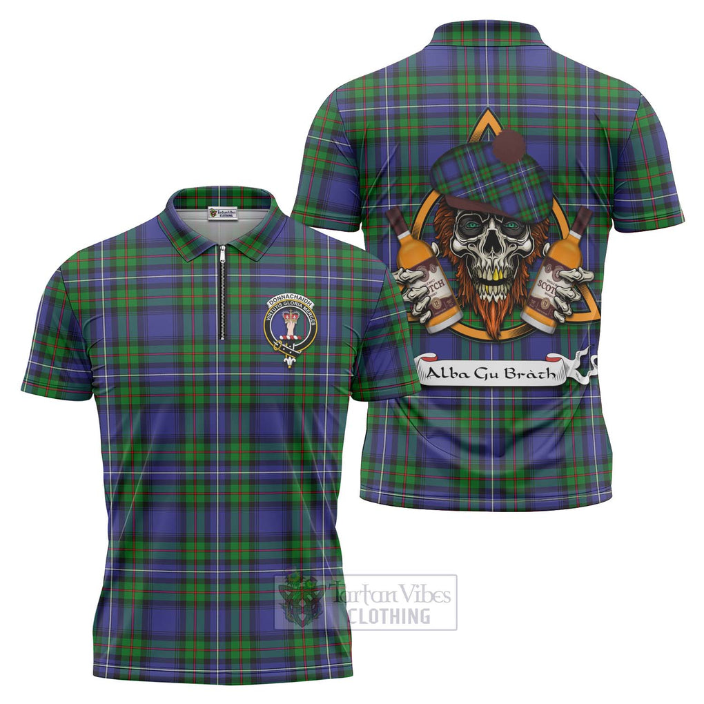 Tartan Vibes Clothing Donnachaidh Tartan Zipper Polo Shirt with Family Crest and Bearded Skull Holding Bottles of Whiskey