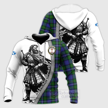 Donnachaidh Tartan Clan Crest Knitted Hoodie with Highlander Warrior Celtic Style