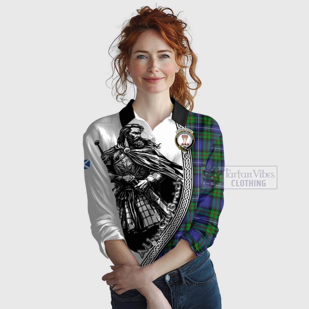 Tartan Vibes Clothing Donnachaidh Tartan Clan Crest Women's Casual Shirt with Highlander Warrior Celtic Style