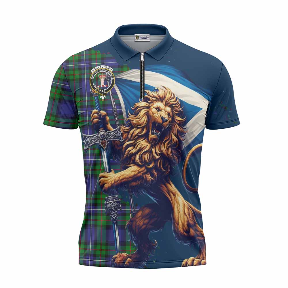 Tartan Vibes Clothing Donnachaidh Tartan Family Crest Zipper Polo Shirt with Scottish Majestic Lion