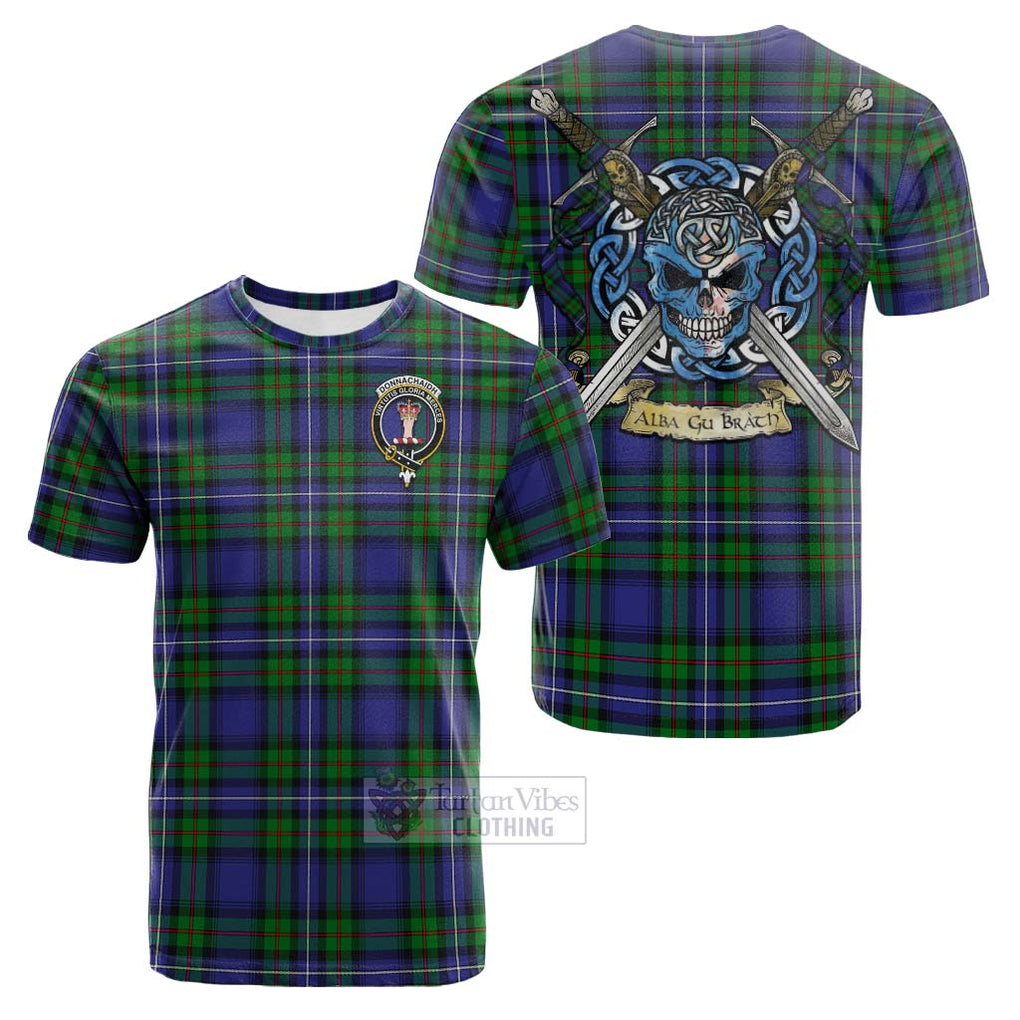 Tartan Vibes Clothing Donnachaidh Tartan Cotton T-shirt with Family Crest Celtic Skull Style