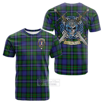 Donnachaidh Tartan Cotton T-shirt with Family Crest Celtic Skull Style