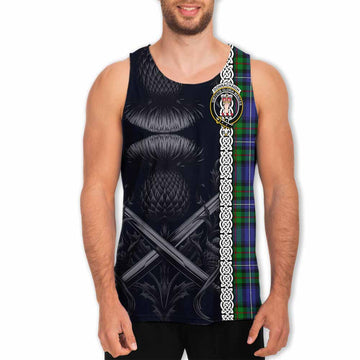 Donnachaidh Tartan Men's Tank Top with Family Crest Cross Sword Thistle Celtic Vibes