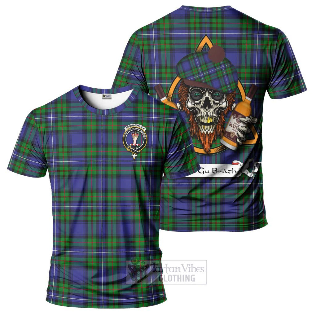 Tartan Vibes Clothing Donnachaidh Tartan T-Shirt with Family Crest and Bearded Skull Holding Bottles of Whiskey