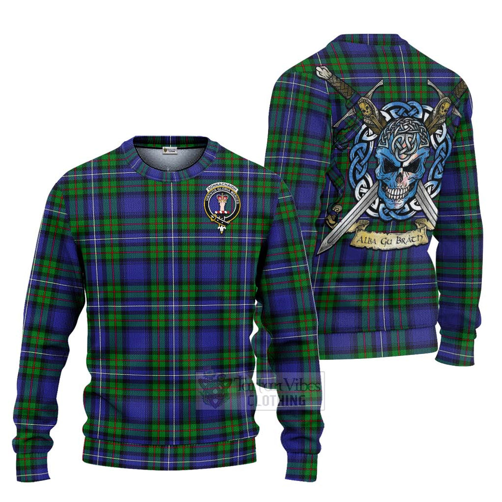 Tartan Vibes Clothing Donnachaidh Tartan Knitted Sweater with Family Crest Celtic Skull Style