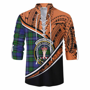 Donnachaidh Crest Tartan Ghillie Kilt Shirt with Polynesian Vibes Style - Orange Version