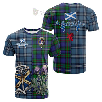 Donnachaidh Tartan Cotton T-shirt Happy St. Andrew's Day Half Tartan Style