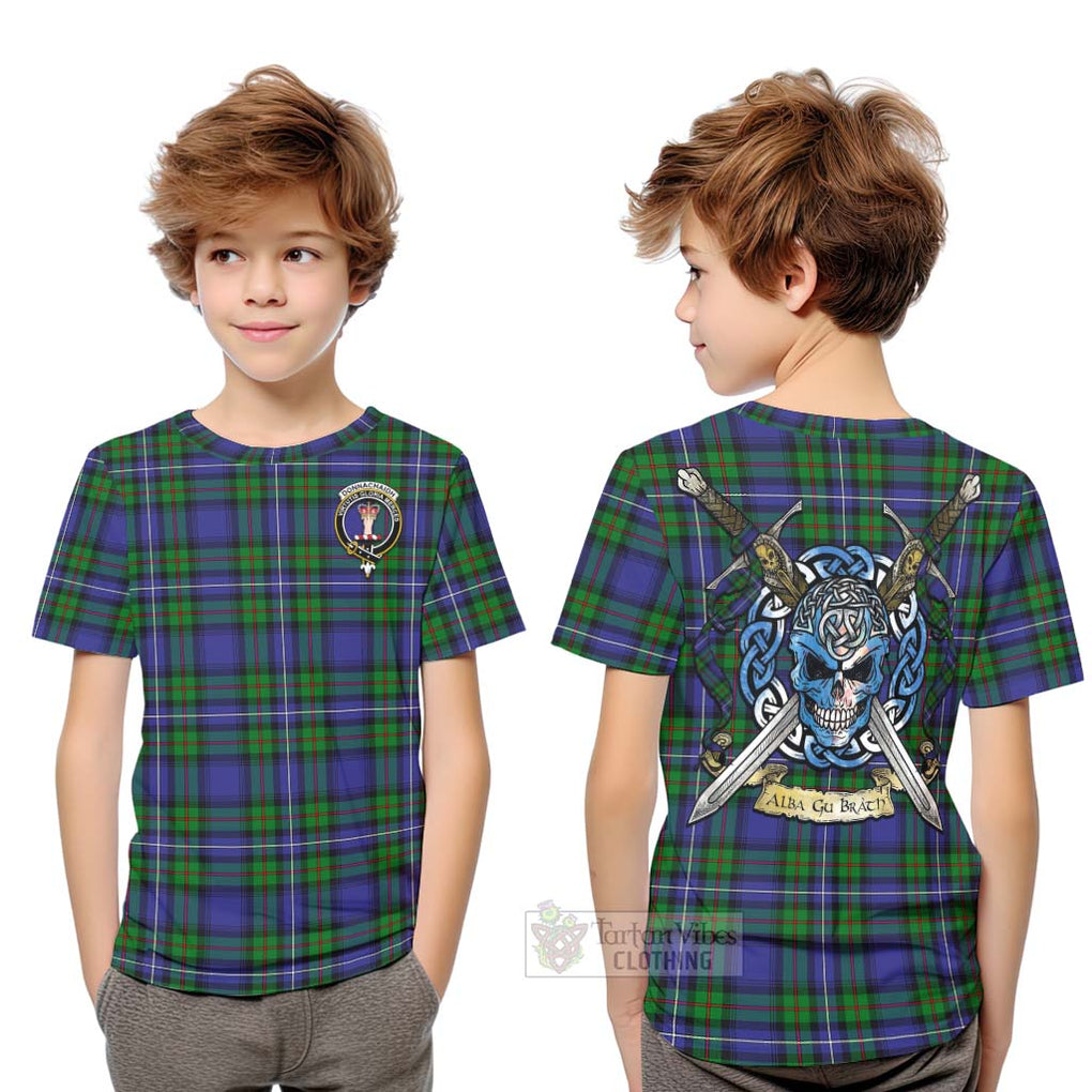 Tartan Vibes Clothing Donnachaidh Tartan Kid T-Shirt with Family Crest Celtic Skull Style