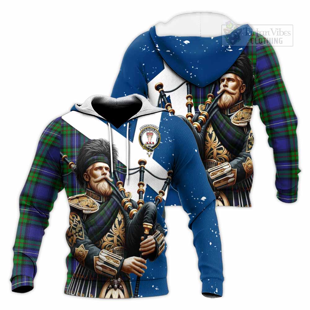 Tartan Vibes Clothing Donnachaidh Tartan Knitted Hoodie with Family Crest Scottish Bagpiper Vibes