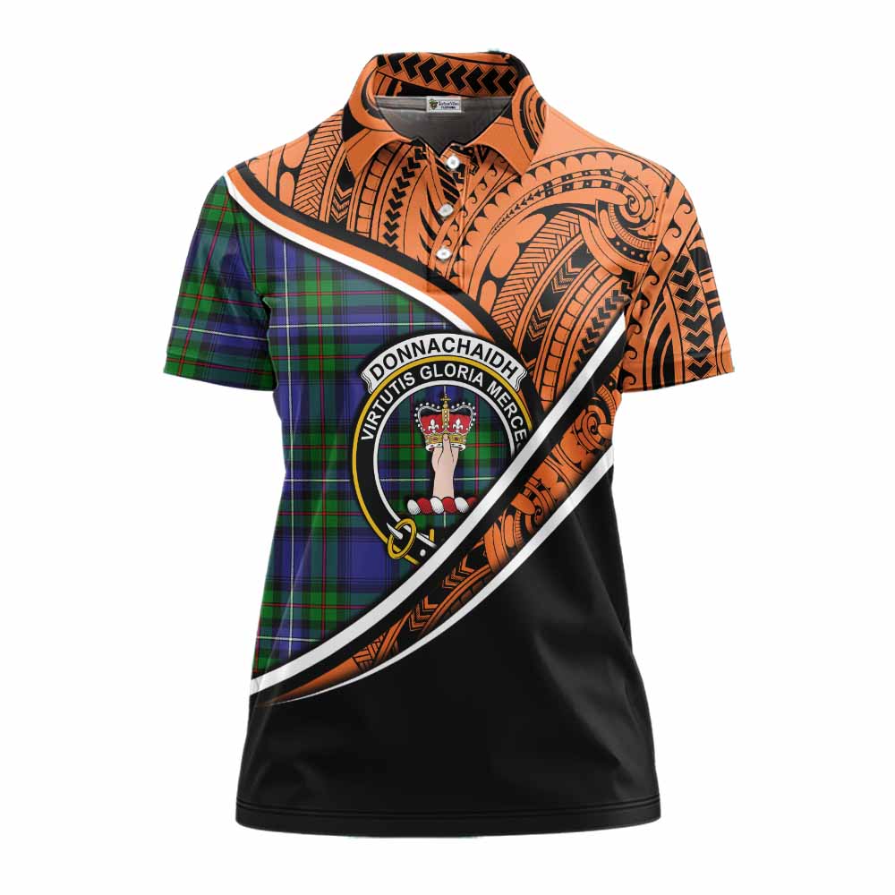 Tartan Vibes Clothing Donnachaidh Crest Tartan Women's Polo Shirt with Maori Tattoo Style - Orange Version