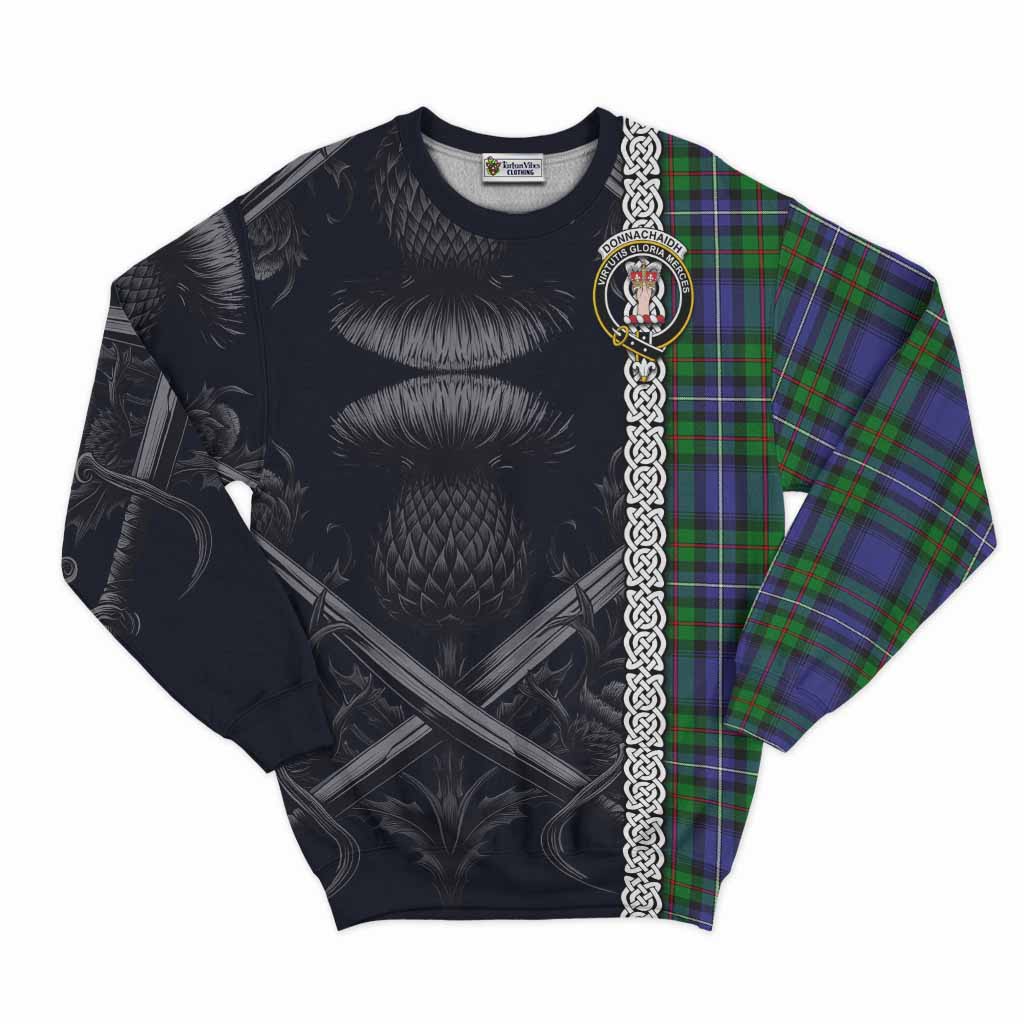 Tartan Vibes Clothing Donnachaidh Tartan Sweatshirt with Family Crest Cross Sword Thistle Celtic Vibes