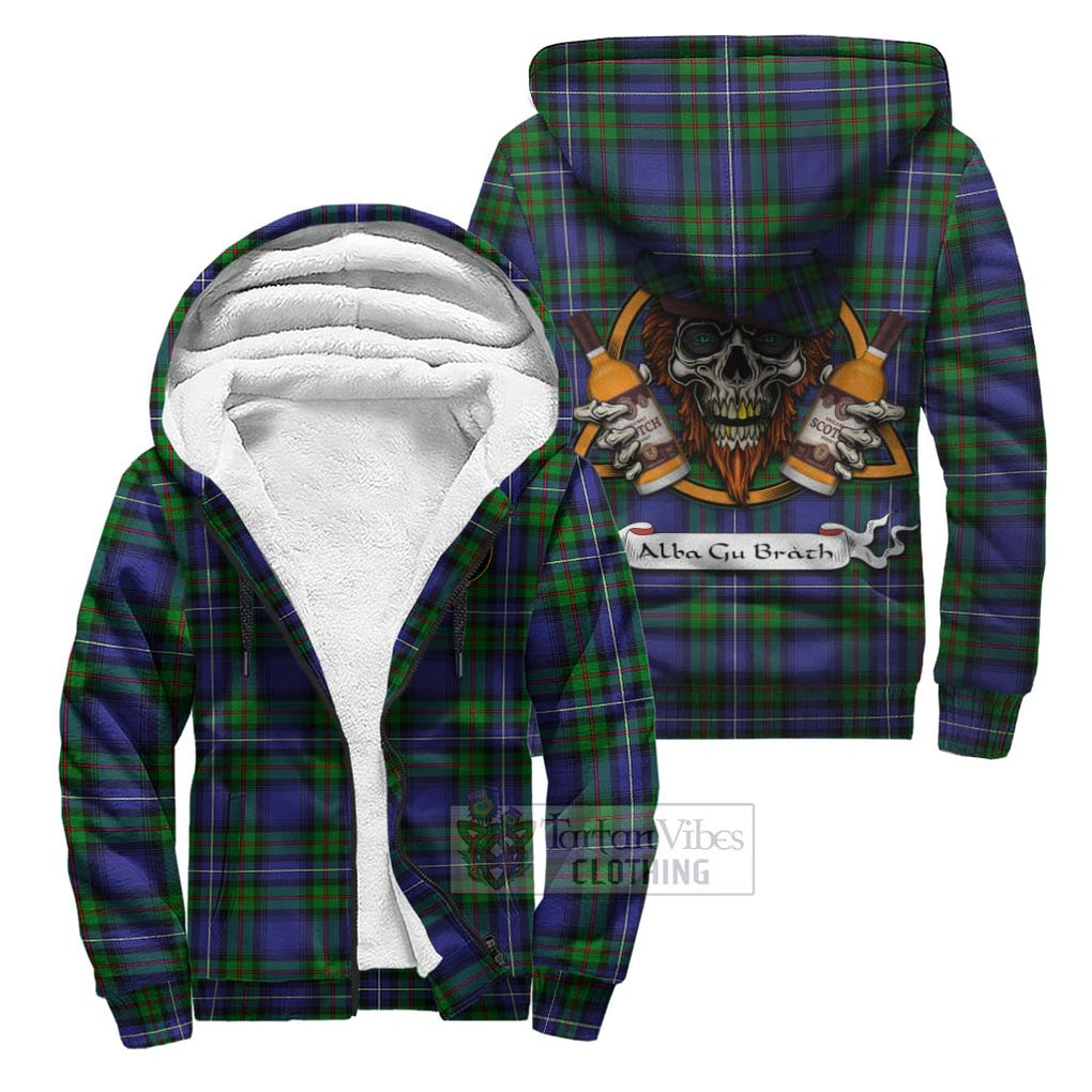 Tartan Vibes Clothing Donnachaidh Tartan Sherpa Hoodie with Family Crest and Bearded Skull Holding Bottles of Whiskey